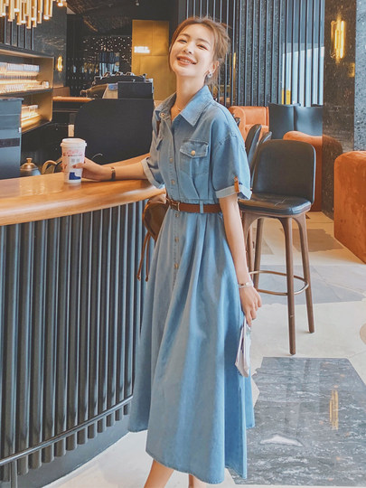 牛仔连衣裙女夏季2024新款法式收腰显瘦高级感气质A字衬衫长裙子