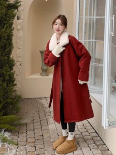 College style red woolen coat for women winter 2025 new parka plus velvet thickened mid-length plush coat