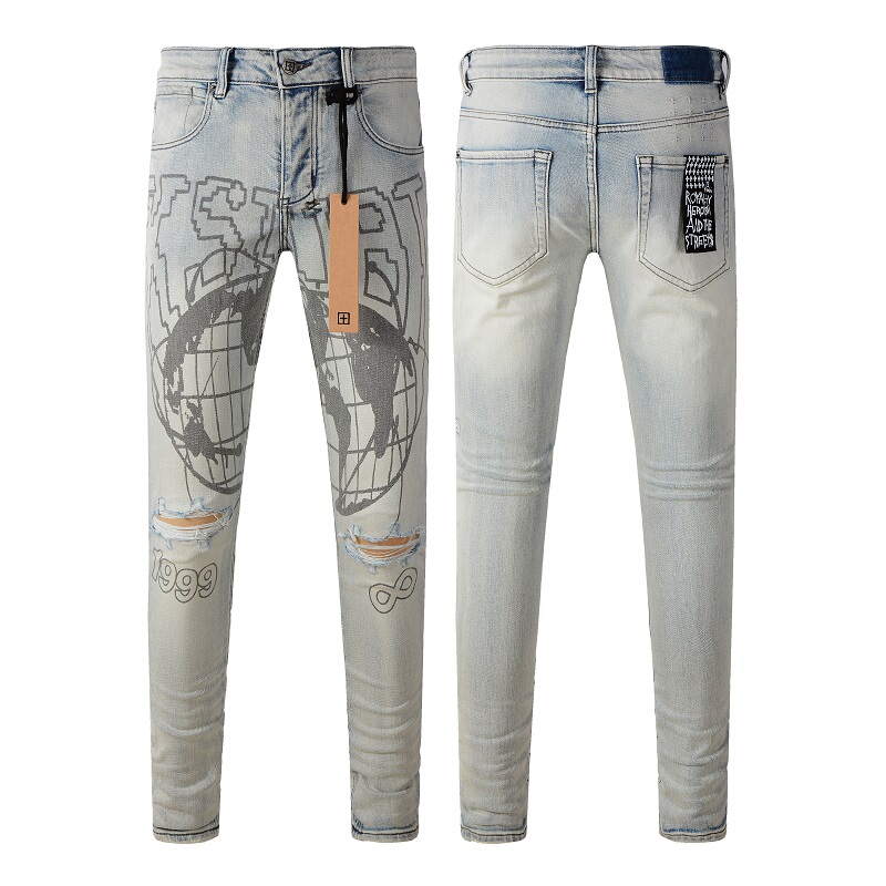 High Street European and American Hot-Selling Slim-Fit Jeans New Style with Ripped Knees American Trendy Brand Stretch Ksub1 New Model Earth