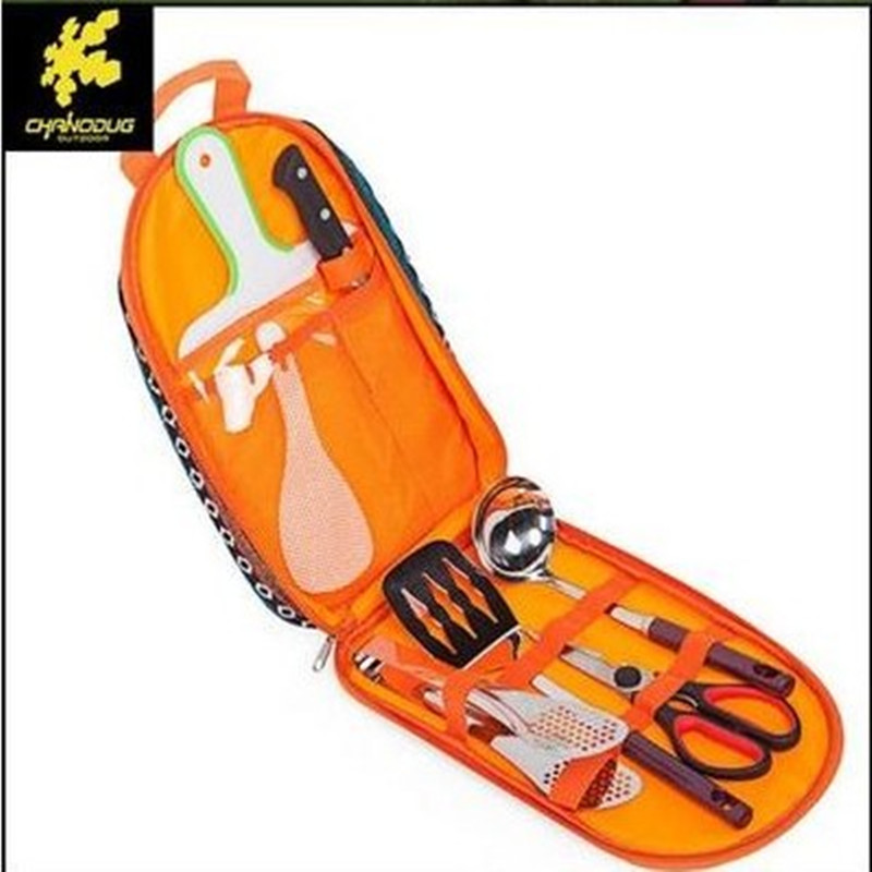 Outdoor camping outing portable picnic tableware barbecue tool set kitchen knife cutting board scissors soup spoon rice spoon baking clip
