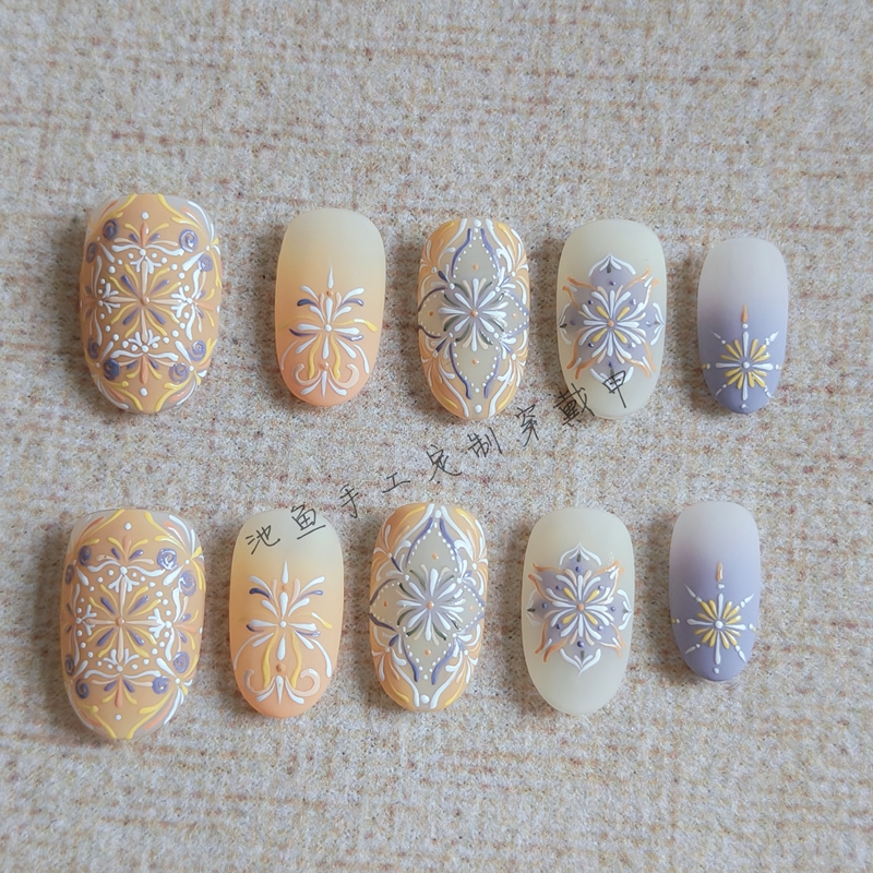 【Spring Blossoms, Autumn Fruits】Frosted Handmade Wearable Nails, Hand-Painted Bohemian Style Tile Moroccan Short Nail Art