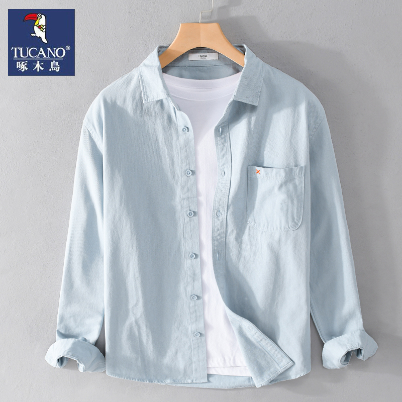 Woodpecker Men's Long-Sleeved Shirt Japanese Style Trendy Clothing Spring and Autumn Pure Cotton Shirt Jacket Casual Loose Top