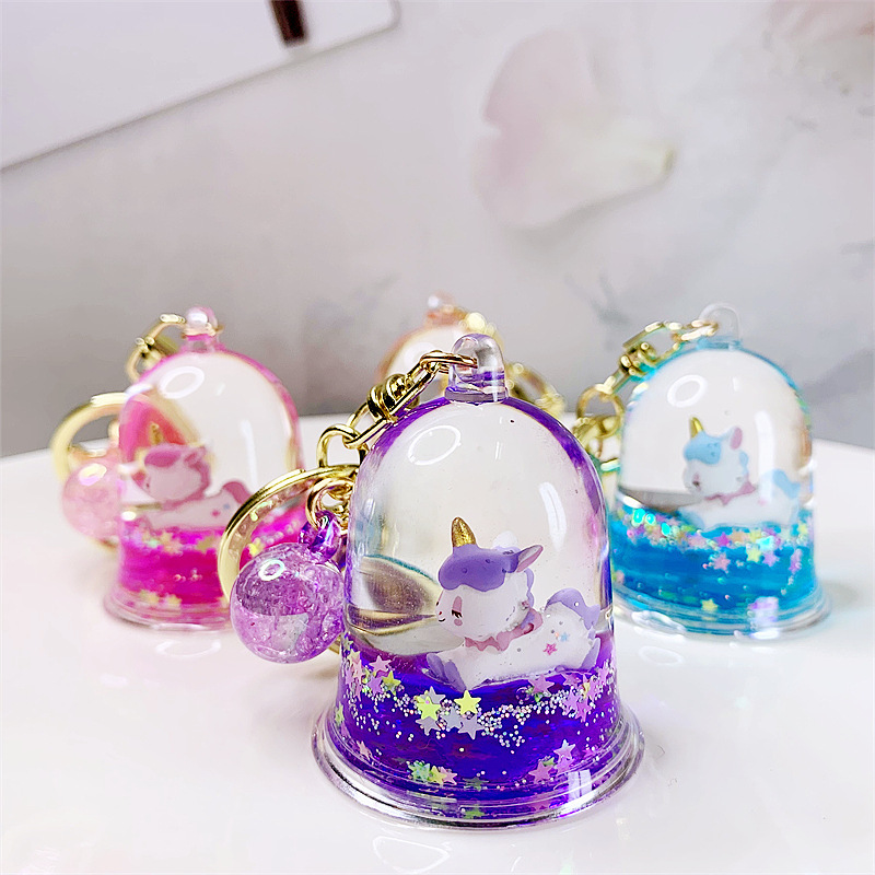 ins Creative Internet-Famous Rainbow Unicorn Crystal Bell Keychain with Oil Floating Doll Internet-Famous Pendant Gift
