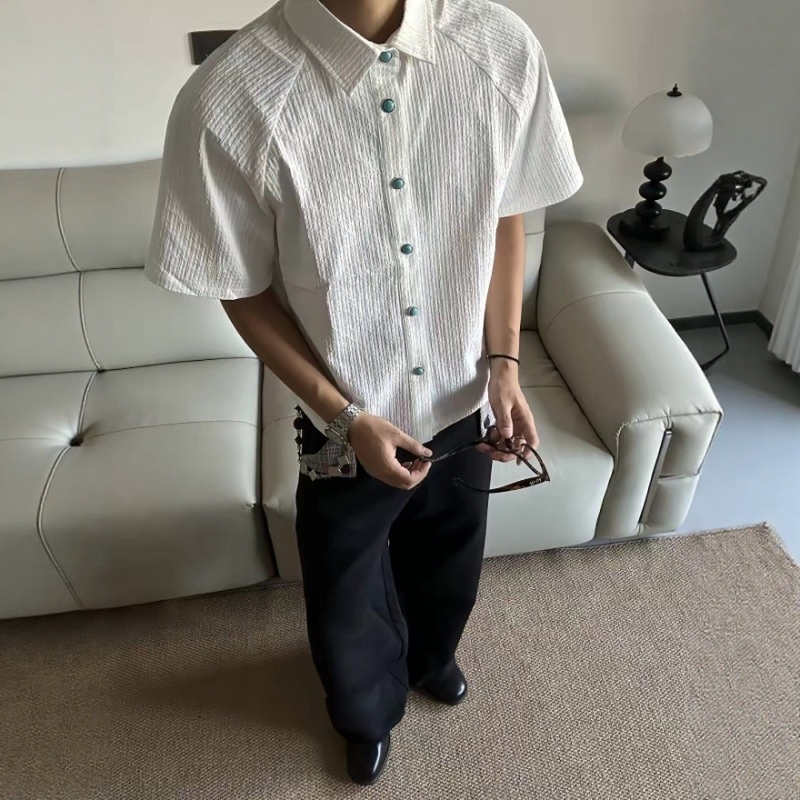 Acpk'' "Tears of the Ocean" Short-Sleeved Shirt T-Shirt Turquoise Textured Pleated Shirt Old Money Boxy Top