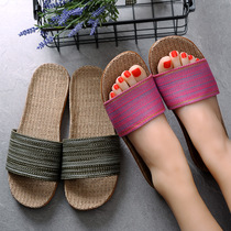 Linen slippers female summer home indoor and outdoor wear Office couples non-slip wooden floor Korean male home household