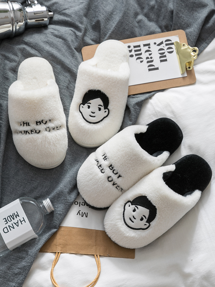 ins tide couple cotton slippers female winter home with indoor non-slip cute fluffy cartoon plush student dormitory male