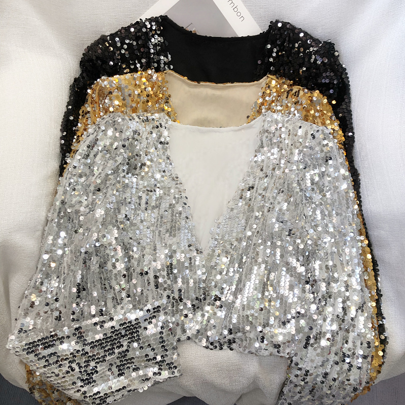 European and American Style Versatile V-Neck Heavy Craftsmanship Sparkling Sequin Long-Sleeve High-Waisted Slimming Short Jacket Cardigan Top for Women
