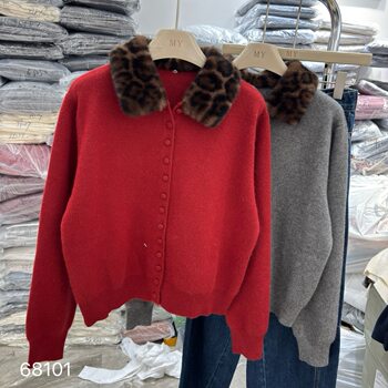 Retro Detachable Leopard Print Fur Collar Knitted Cardigan for Women 2025 Winter Warm and Versatile Slim Fit Sweater Jacket