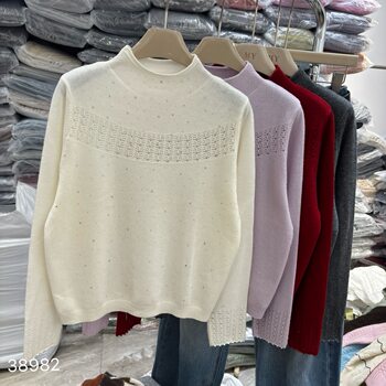 Korean-Style Fashion Heavy-Duty Rhinestone Half-High Collar Hollow-Out Knit Sweater for Women, Autumn and Winter Crochet Long-Sleeve Slim-Fit Base Shirt Top