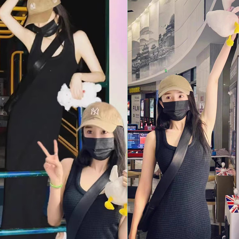 Celebrity Yang Mi's Same Style Black Sleeveless Dress with a Slim Fit and Elegant Fishtail Design, Little Black Dress, Long Dress for Summer