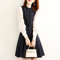 French goddess fan splicing fake two-piece long-sleeved dress womens spring 2020 new waist age reduction A-line skirt