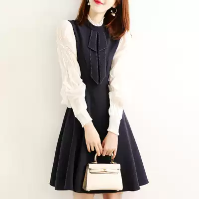 French goddess fan splicing fake two-piece long-sleeved dress women's spring 2020 new waist age reduction A-line skirt