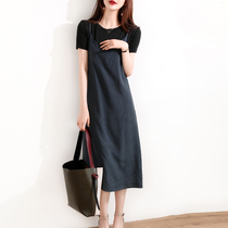 Malkenl klon2020 new two-piece T-shirt V collar harness long dress pure color round collar short sleeve dress