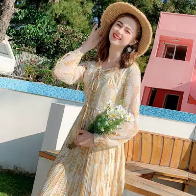 French thin square collar floral chiffon dress 2020 new early spring yellow pleated skirt children's summer long skirt