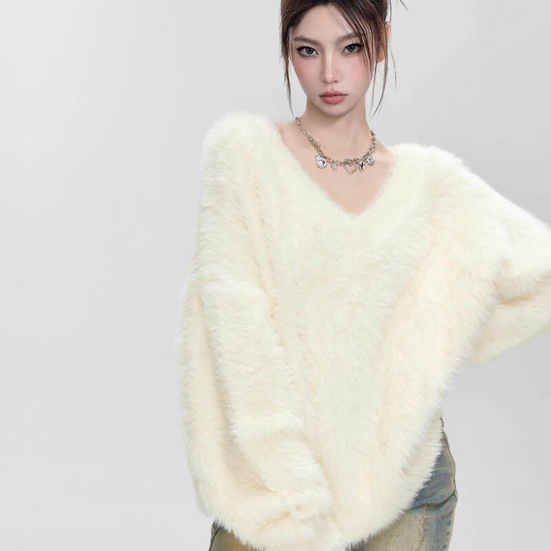 White Mink Velvet V-Neck Pullover Sweater for Women, Soft and Cozy Mohair Knitwear for Spring and Autumn