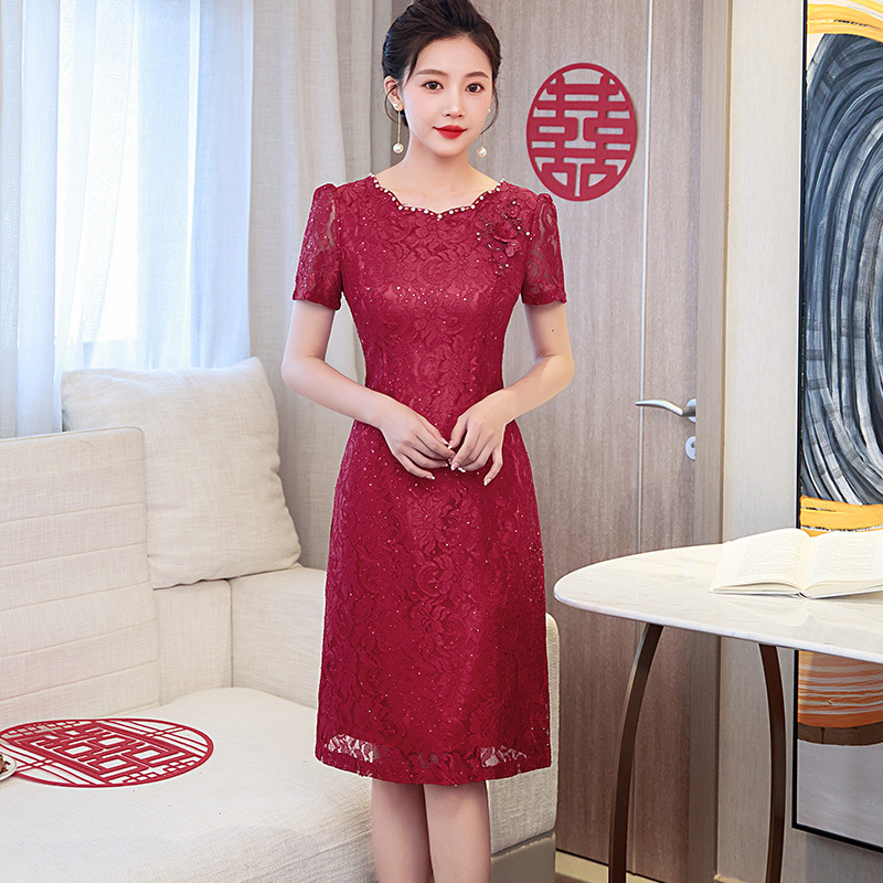 Summer New Style Wedding Banquet Dress for Mother-In-Law, Petal Collar with Rhinestones, Slim Fit Lace Chinese-Style Dress, Qipao for Toasting