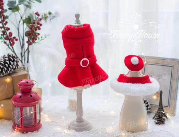 FANCY HOUSE Pet Clothes Big Red New Year Christmas Cashmere Pet Couple Coat Three Piece Gift Box