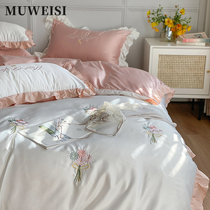 Ice silk embroidered four sets of light and extravagant high-spread smooth silk sky silk three sets of sheets on the summer bed