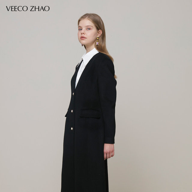 VEECOZHAO Wool Slim Long Jacket Waist 23 Autumn and Winter New Designer Style V-neck Waist Versatile