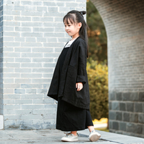 Autumn new childrens cotton and hemp jacket cardigan pure hemp black cardigan retro Chinese style