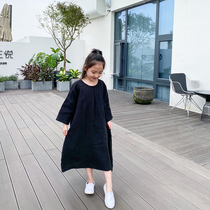 Girls cotton linen dress spring and autumn summer models pure linen washed long skirt Chinese dress Chinese style