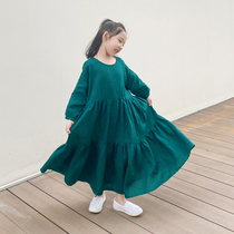 Girls spring and autumn cotton linen dress pure linen wash dress stitching cake skirt long sleeve skirt