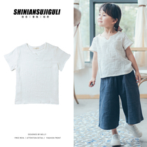 Original childrens cotton and linen literary short-sleeved cotton and linen T-shirt national style