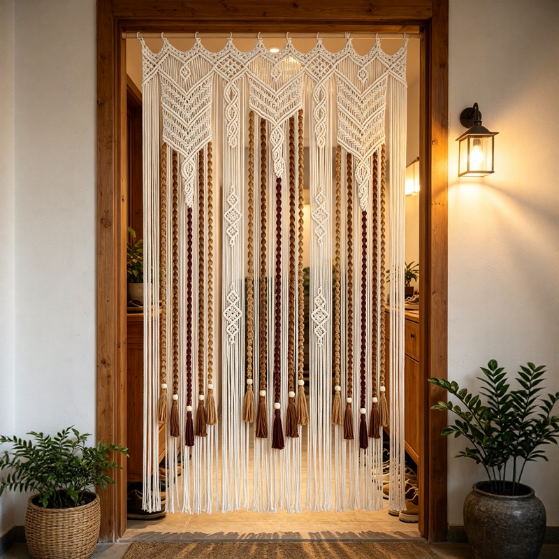 Brown Door Curtain Partition Bohemian Handmade Woven Tapestry Tassel Door Curtain Partition Decoration Macrame