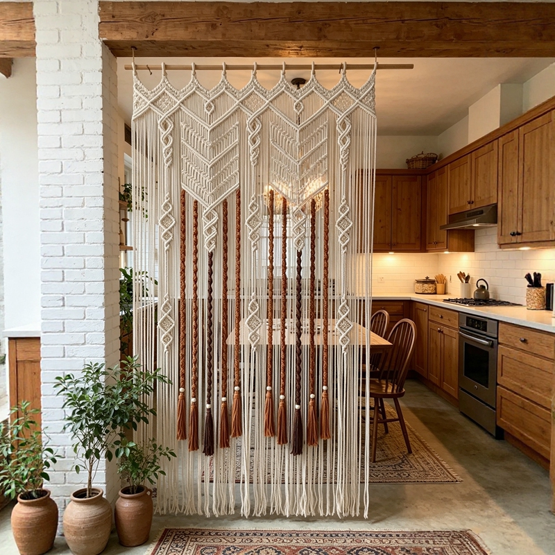 Bohemian Hand-Woven Tapestry with Tassels for Decoration, Living Room and Dining Room Partition Door Curtain, Ethnic Style Partition