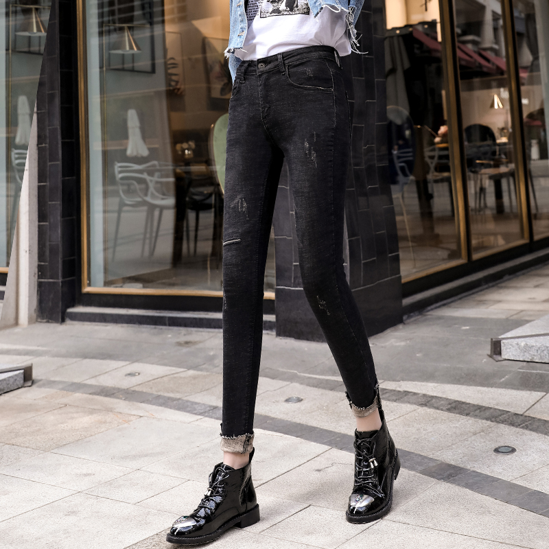 High waist false Broken Cave Jeans Woman 2022 Chunqiu New and thin suede Skinny Black Grip Velvet Pants Tide