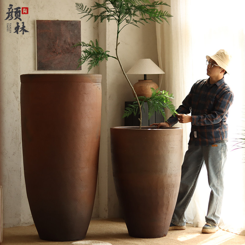 Retro extra-large floor pottery cylinder coarse pottery large jar 1 5 m high cylinder large basin large mall hotel lobby Decorative Pendulum-Taobao