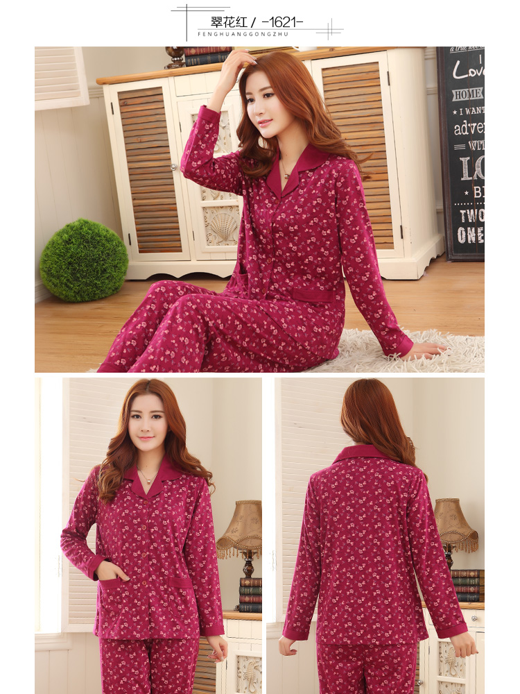Bộ đồ ngủ mùa xuân và mùa thu của phụ nữ áo len cotton dài tay trung niên cộng với chất béo cỡ lớn cotton giản dị phục vụ nhà nữ bộ lanh thái mặc nhà