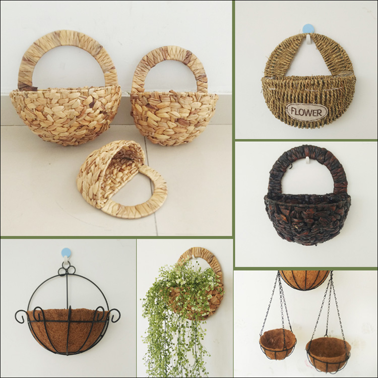 Rattan wrought iron wall hanging flower basket flower basket Grass wall blue wall decorative flower basket hanging basket