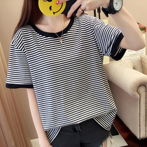 Cotton striped short sleeve T-shirt female size 2021 new fat mm students summer dress Korean version of loose clothes 200 Jin