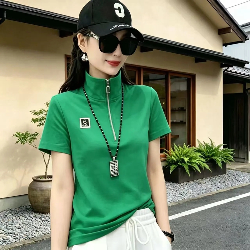 2026 New Style Stand-Up Collar Zipper Pure Cotton Short-Sleeved T-Shirt for Women, Loose Fit, Age-Reducing, Slimming, Green Summer Fashion Top 2026 New Style Stand-Up Collar Zipper Pure Cotton Short-Sleeved T-Shirt for Women, Loose Fit, Age-Reducing, Slimming, Green Summer Fashion Top