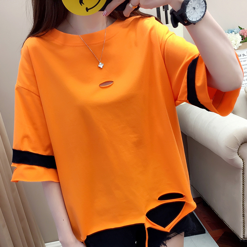 Cộng với phân bón XL nữ chất béo mm2018 mới mùa hè bông sọc ngắn tay t-shirt 200 kg loose bìa belly áo sơ mi măng tô nữ