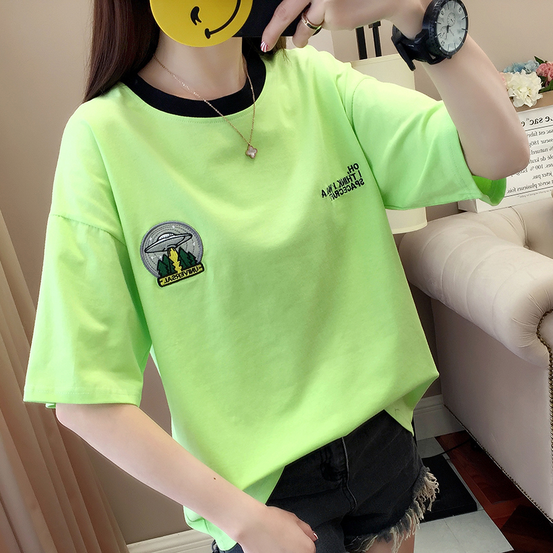 Cộng với phân bón XL nữ chất béo mm2018 mới mùa hè bông sọc ngắn tay t-shirt 200 kg loose bìa belly áo sơ mi măng tô nữ