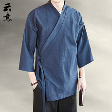 китайский костюм 七分袖汉服男夏季中国风斜襟上衣禅意居士服古风茶服纯棉道袍外套