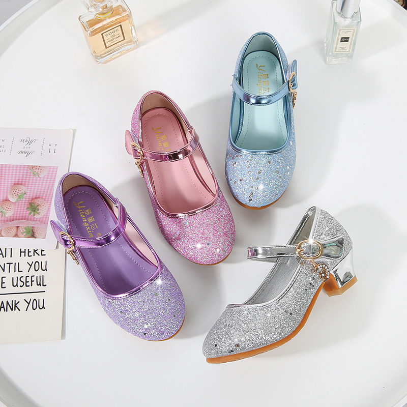Girls' Silver High-Heeled Shoes for Performance Competitions, Children's Shoes for Spring and Autumn, Formal Dress Shoes for Little Girls, Single Shoes for Older Children, Leather Shoes