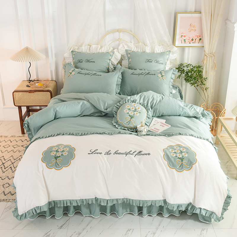 European-style cotton four-piece set bed skirt embroidered ruffled quilt cover simple solid color princess bedding