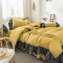 European simple bed four-piece set bed skirt 1 8m cotton pure cotton pure color Princess wind bed sheet duvet cover Lotus leaf lace