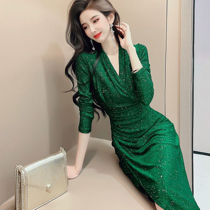 Hepburn-Style Retro French High-End Dress 2023 Autumn and Winter New Fashion Pleated Slit V-Neck Dress for Women