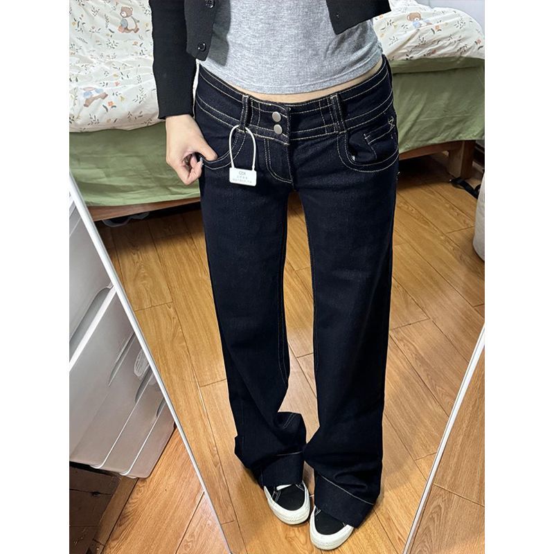 Petite American-Style Denim Blue Double-Button Design Flared Jeans for Women, Spring and Summer, Loose, Slimming, Versatile Straight-Leg Pants Petite American-Style Denim Blue Double-Button Design Flared Jeans for Women, Spring and Summer, Loose, Slimming, Versatile Straight-Leg Pants
