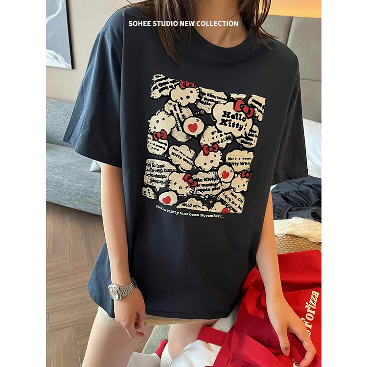 Sohee Korean Authentic Hello Kitty Short-Sleeved T-Shirt for Women, Summer Kt Cat Loose Oversized Top, Lazy Style