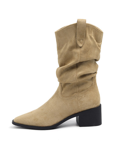 Schaffell-Version ~ Retro-Western-Cowboystiefel für Damen, Herbst- und Winter-Wildleder-V-Mund-Mittelkalb-Stiefel, Ärmel, Florstiefel, dicker Absatz, Martin-Stiefel