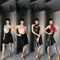 SOFTCHEN imitation leather series womens Latin modern dance flower jumpsuit top hip-covering skirt