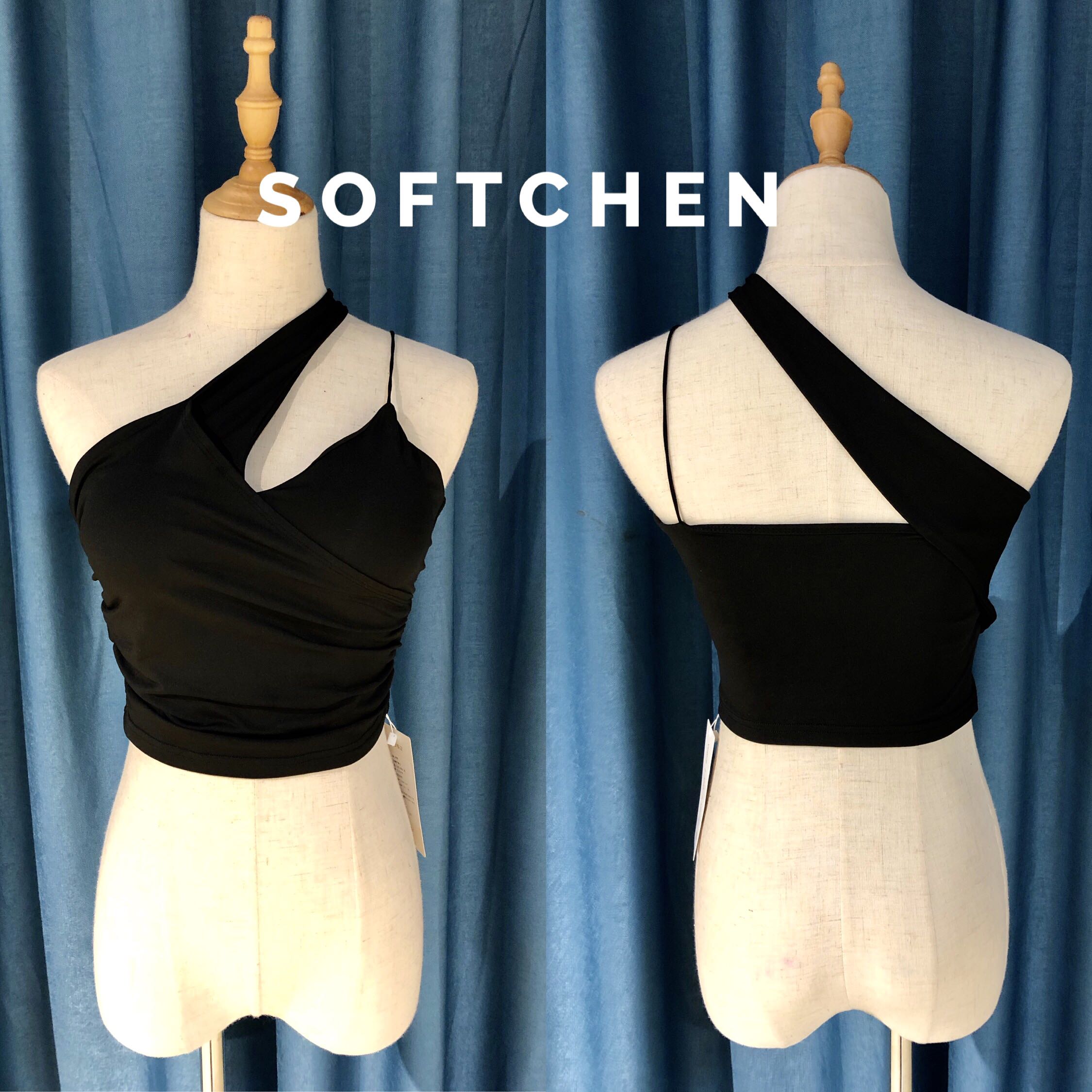 SOFTCHEN Latin DANCE SUMMER SHORT BRA DANCE OBLIQUE shoulder IRREGULAR SUSPENDER with CHEST pad TOP