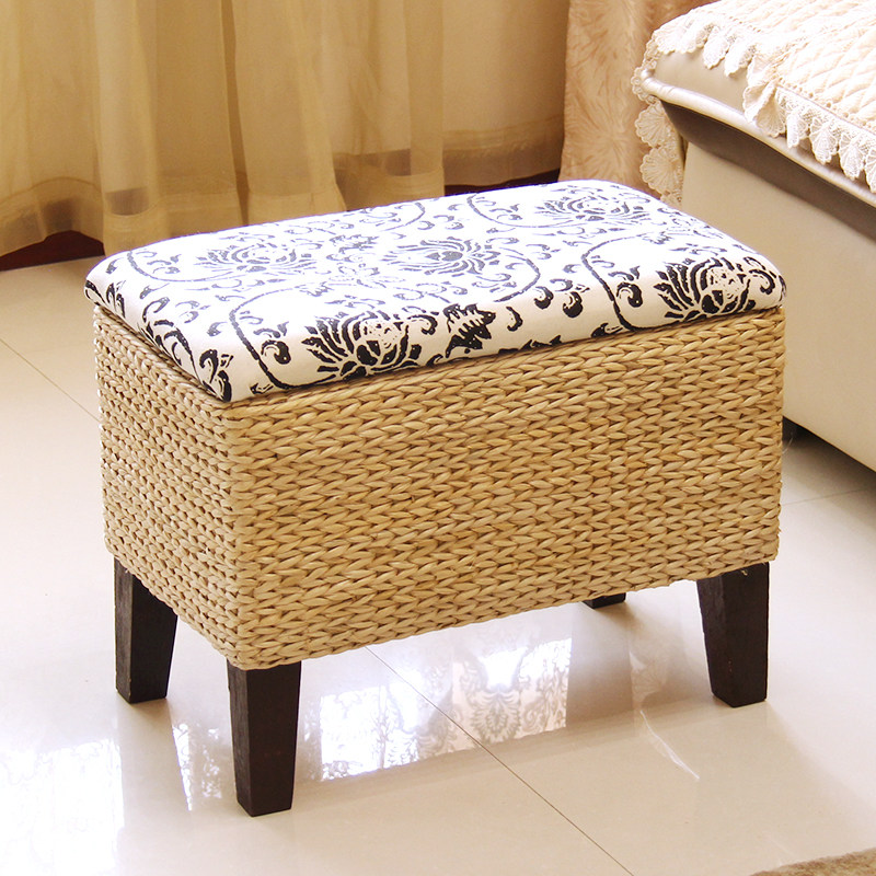 Pastoral rattan grass woven storage storage stool Children's toy finishing box European solid wood grass woven storage box Shoe stool