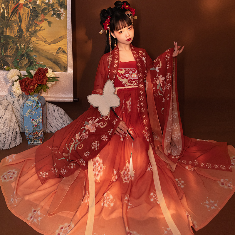 Shangguan Ying's Original [Hua Xi Zui] Hanfu Women's Tang-Style Gradient Color Hezi Skirt with Embroidered Large-Sleeve Shirt, Han Elements, Fairy-Like