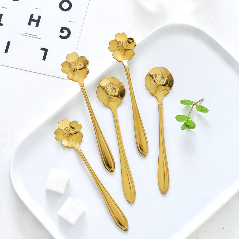 Stainless Steel Coffee Spoon Creativity Cute Stirring Spoon Sweet Spoons Small Mesh Red Cherry Blossom Spoon Golden Fruit Fork Suit